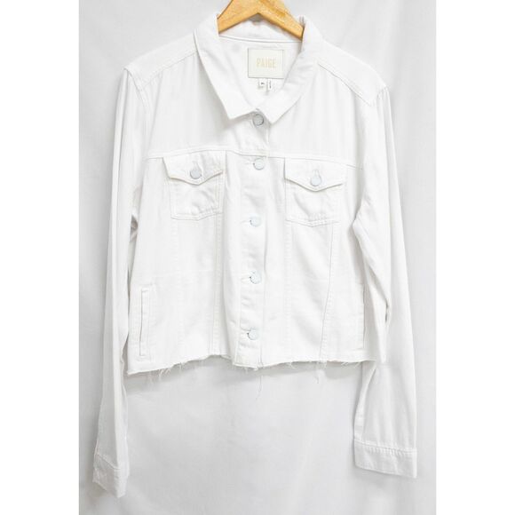 Paige Relaxed Vivienne Cropped Jean Denim Jacket w/ Raw Hem in Crisp White XL - Picture 11 of 15